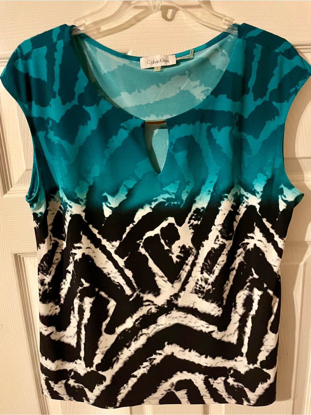 Calvin Klein Teal and Black Ombre Patterned Cap-Sleeve Top size Large - Picture 4 of 5